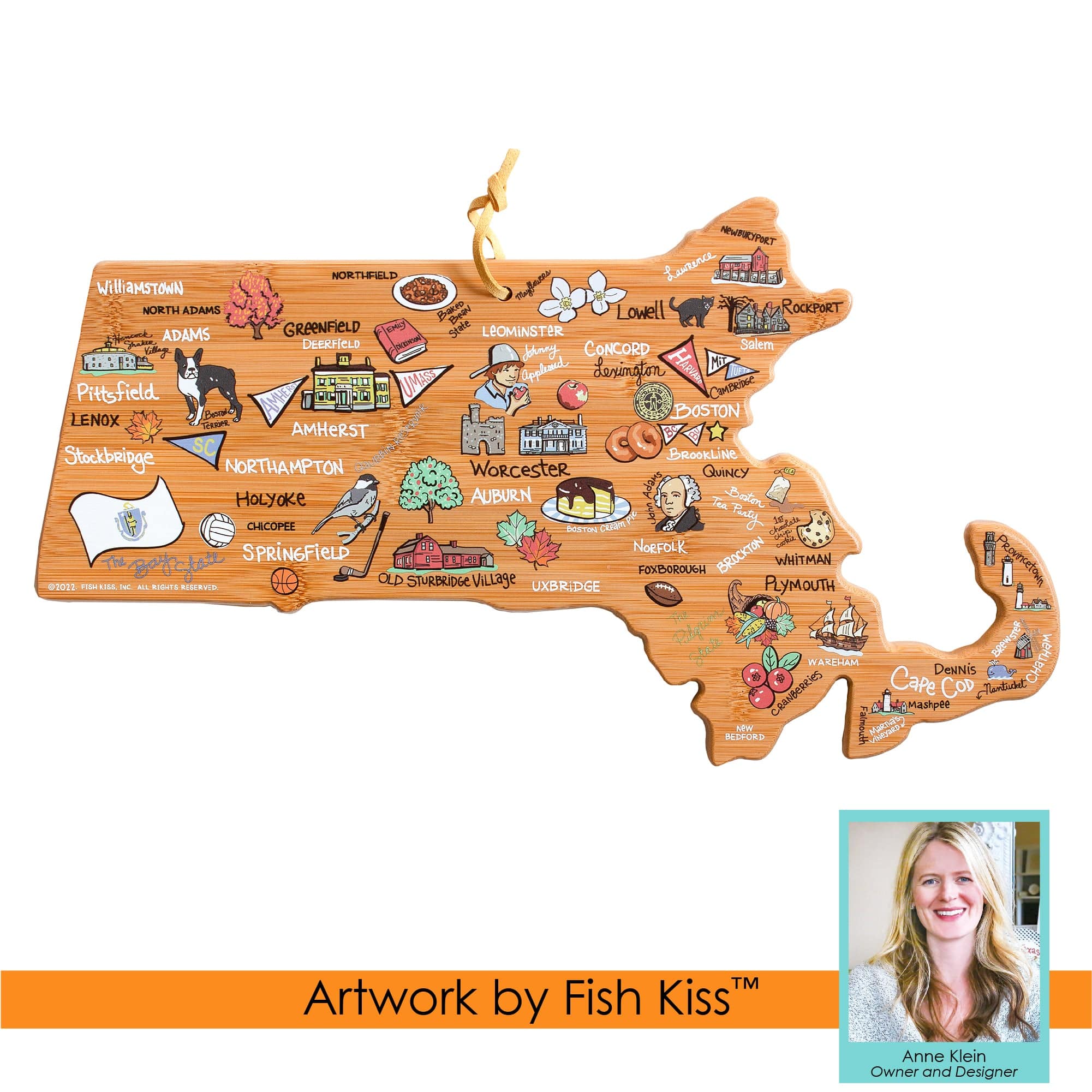 Massachusetts State Shaped Cutting and Serving Board with Artwork by Fish Kiss™