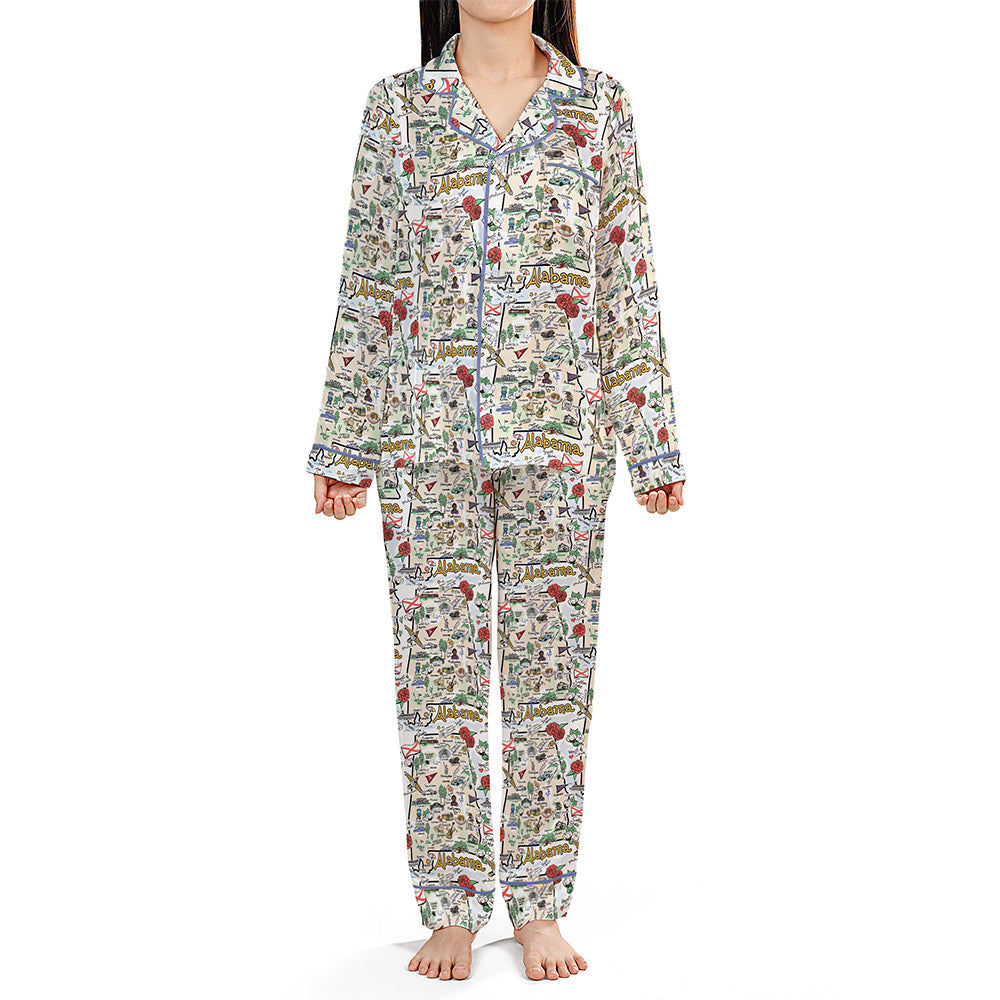 Alabama Map Long Sleeve Satin Pajamas