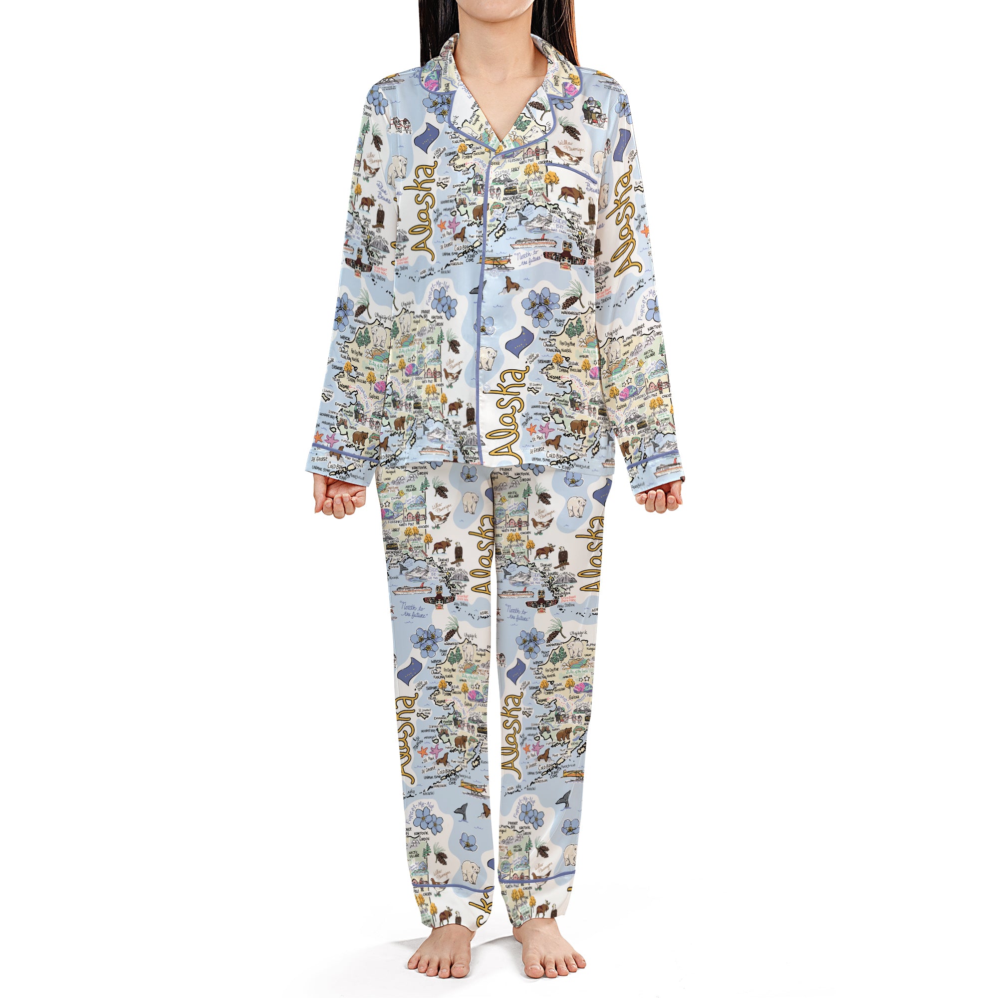 Alaska Map Long Sleeve Satin Pajamas