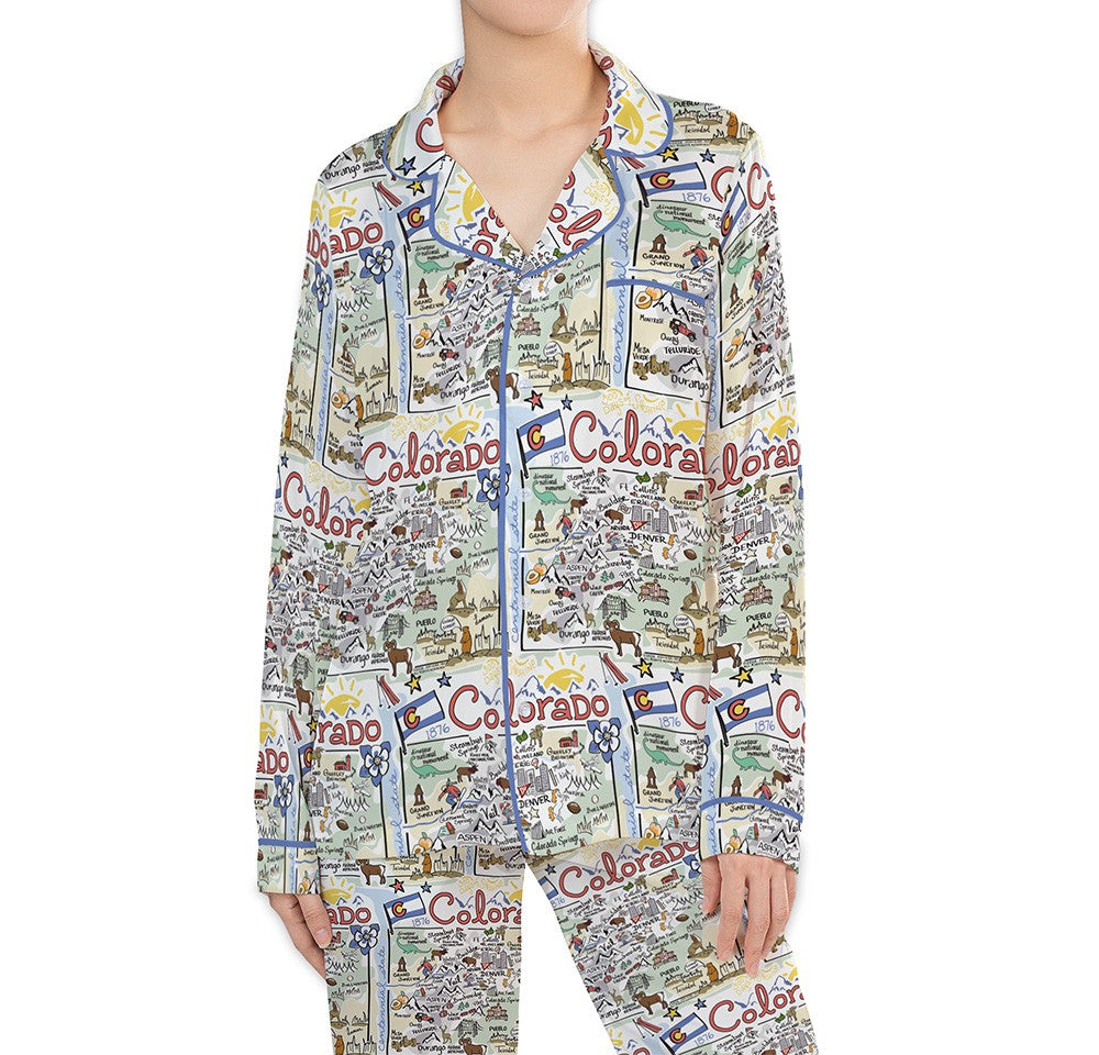 Colorado Map Long Sleeve Satin Pajamas