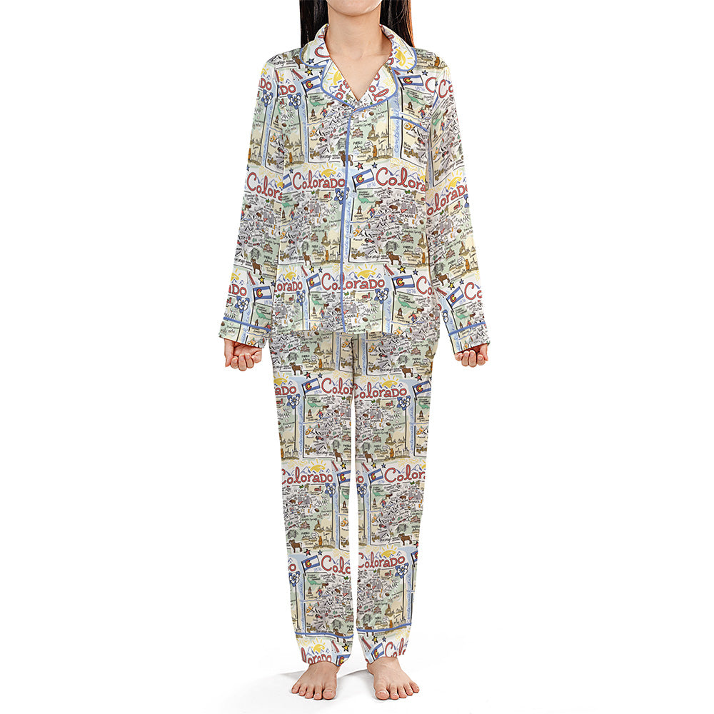 Colorado Map Long Sleeve Satin Pajamas
