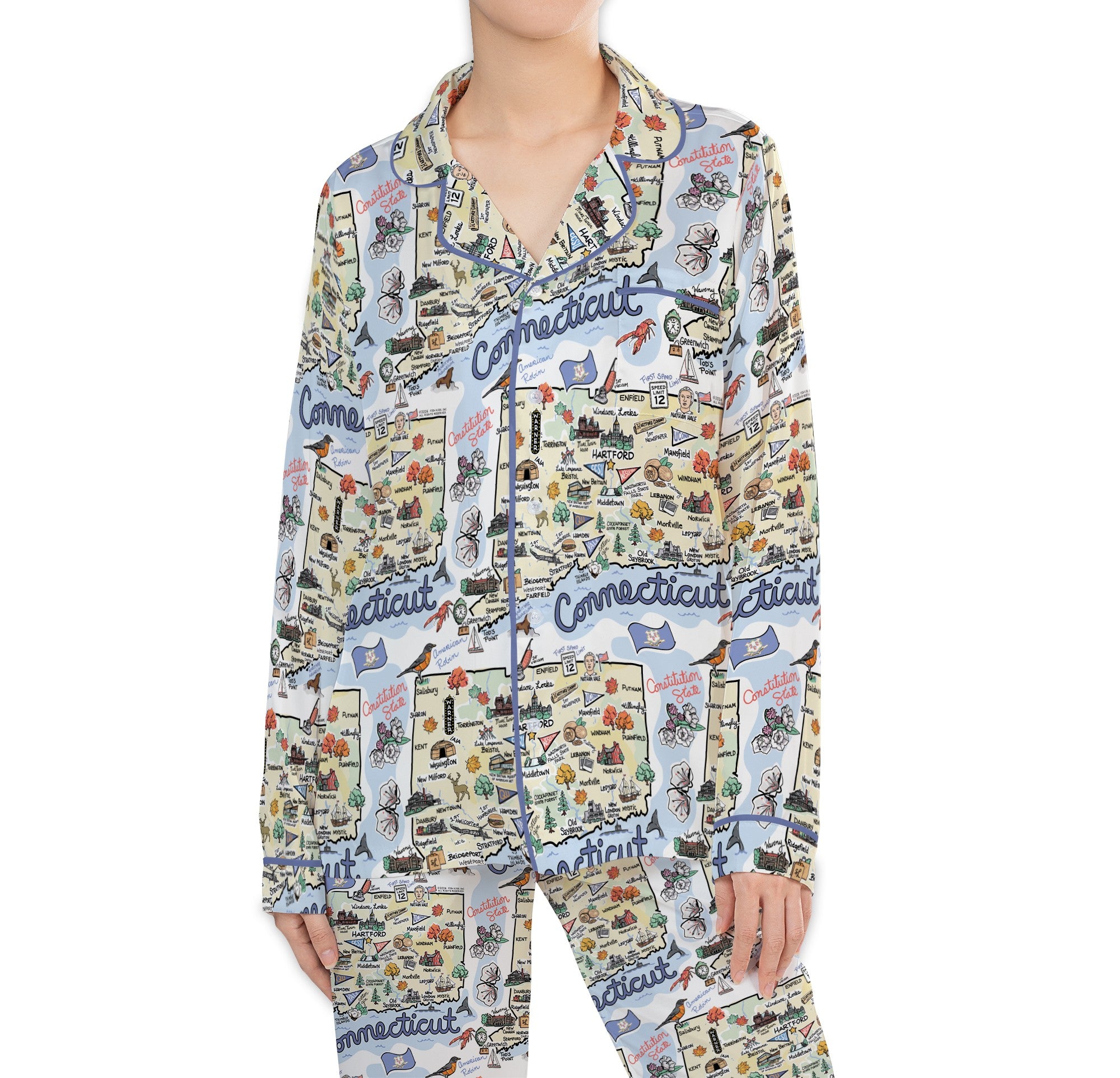 Connecticut Map Long Sleeve Satin Pajamas