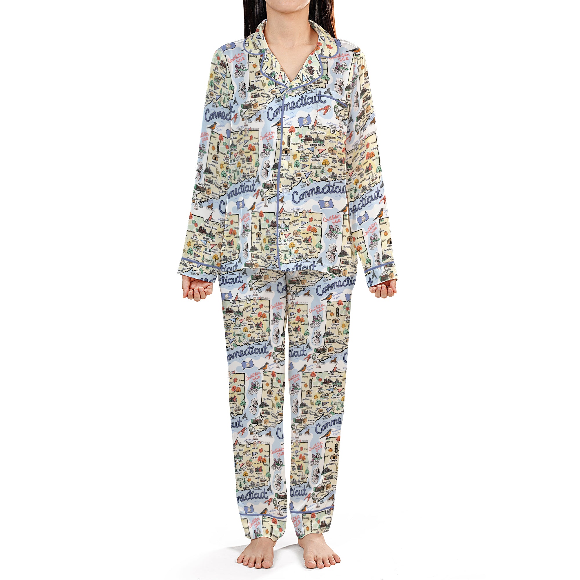 Connecticut Map Long Sleeve Satin Pajamas
