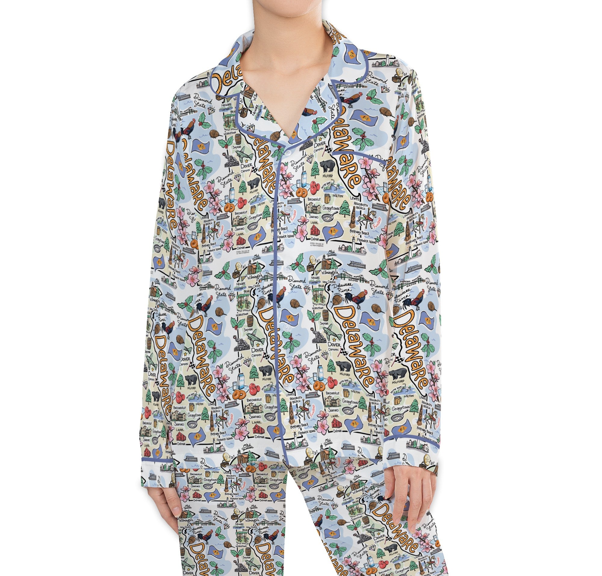 Delaware Map Long Sleeve Satin Pajamas