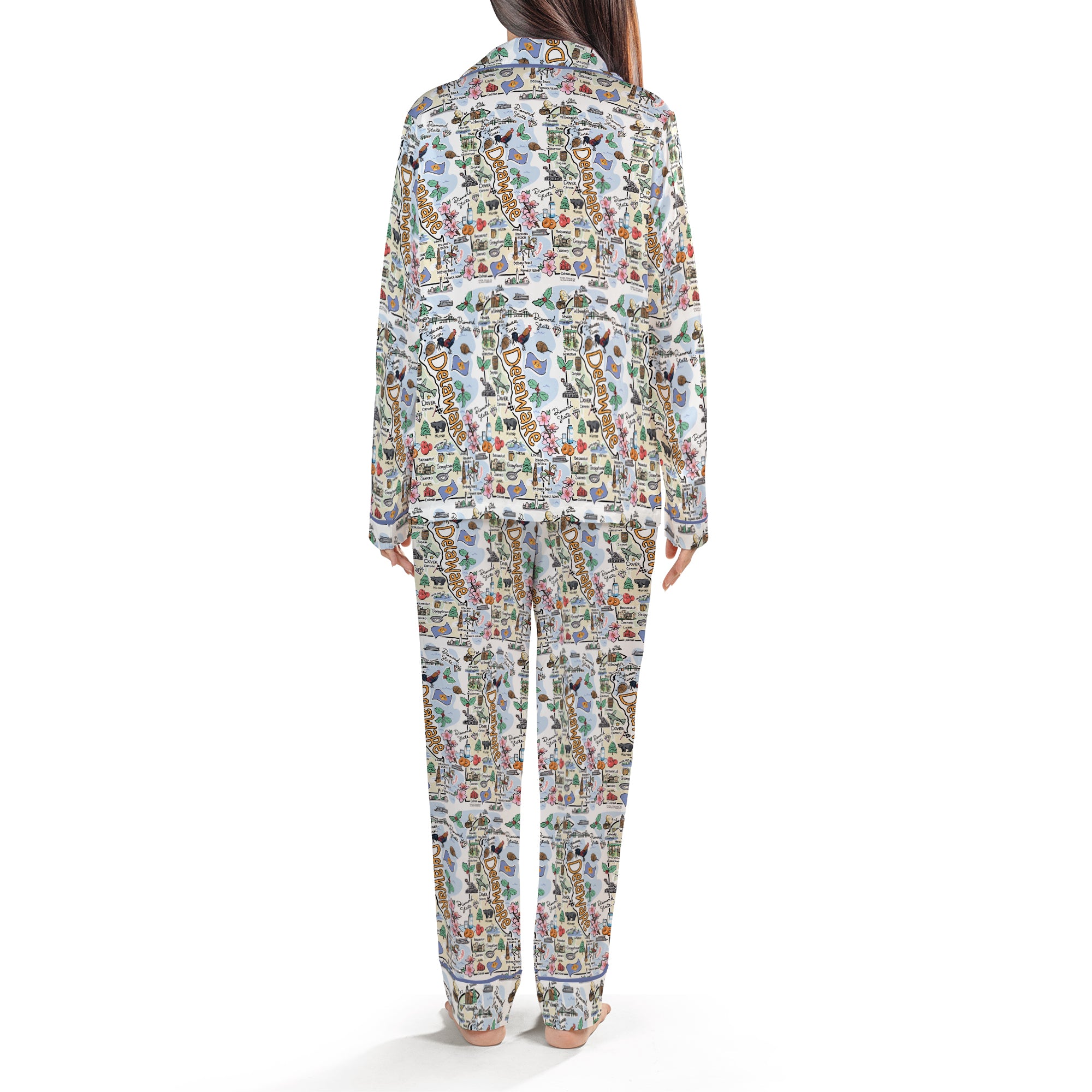 Delaware Map Long Sleeve Satin Pajamas