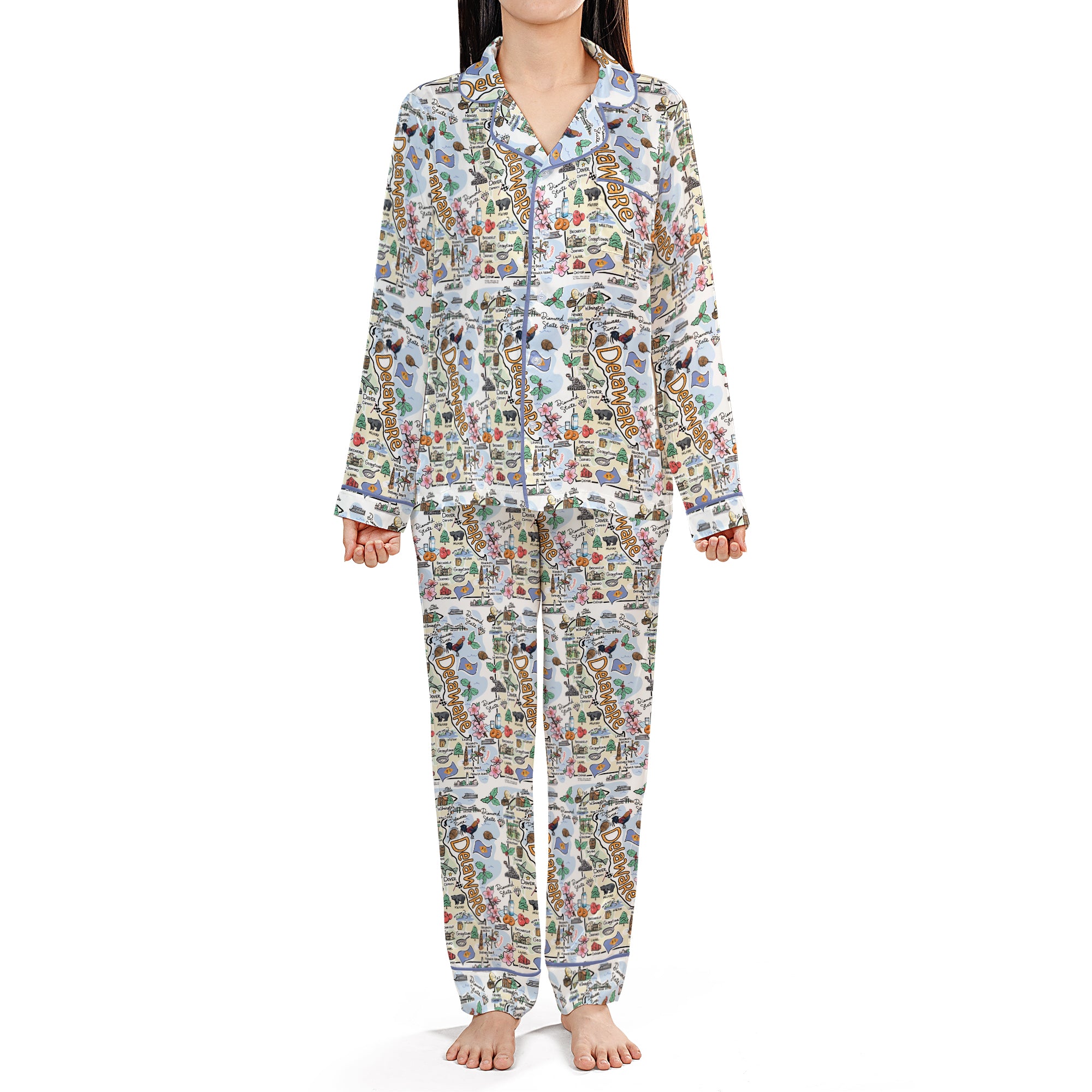 Delaware Map Long Sleeve Satin Pajamas