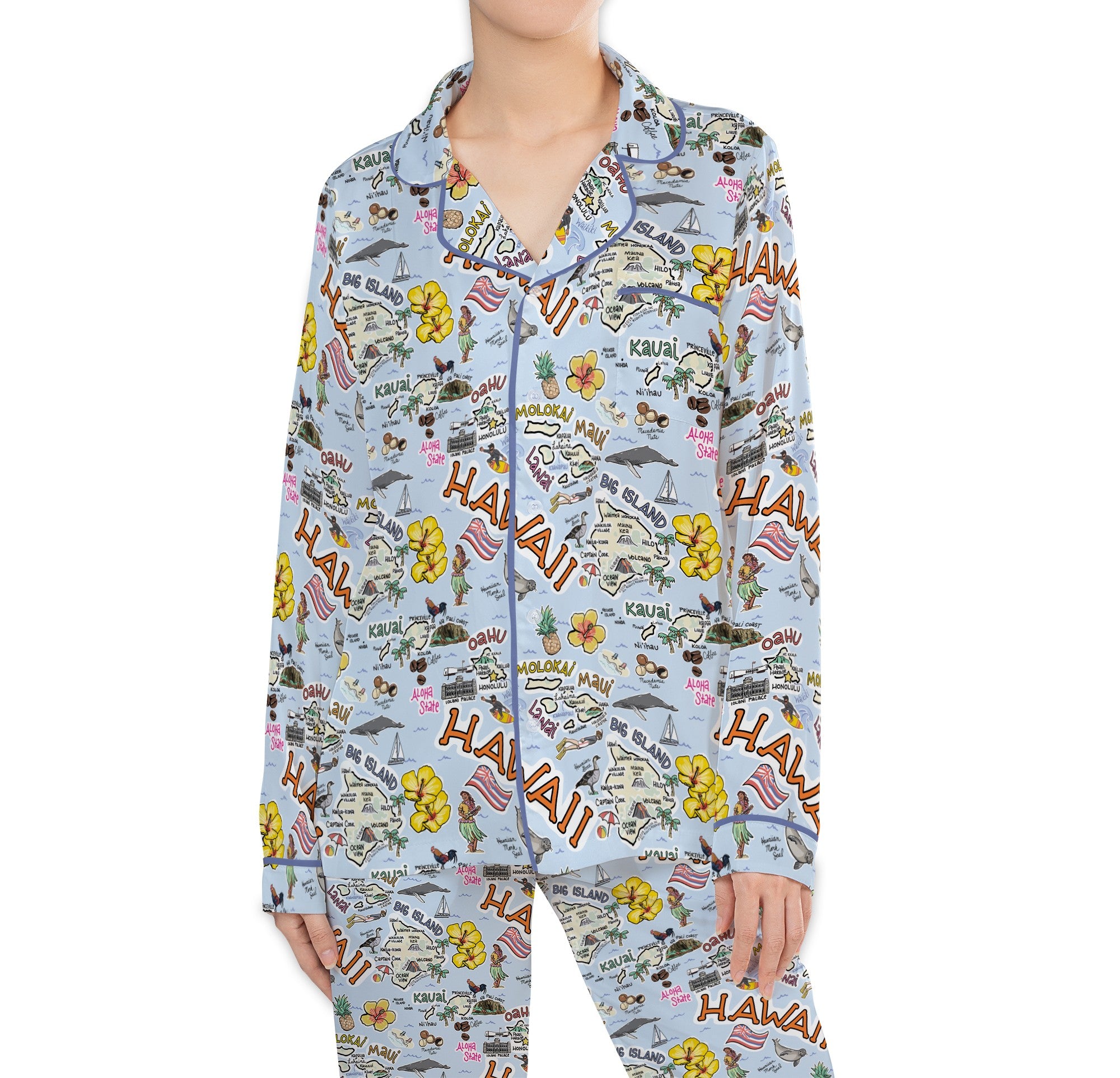 Hawaii Map Long Sleeve Satin Pajamas