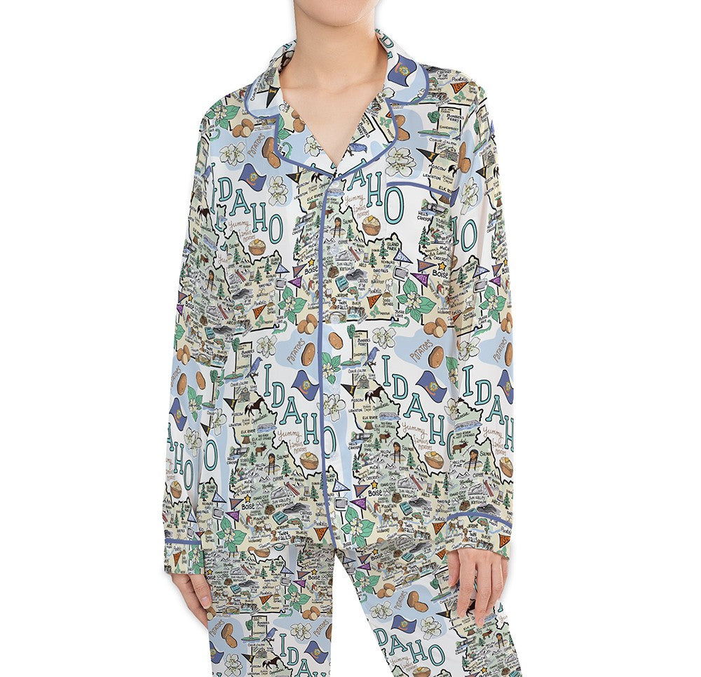 Idaho Map Long Sleeve Satin Pajamas