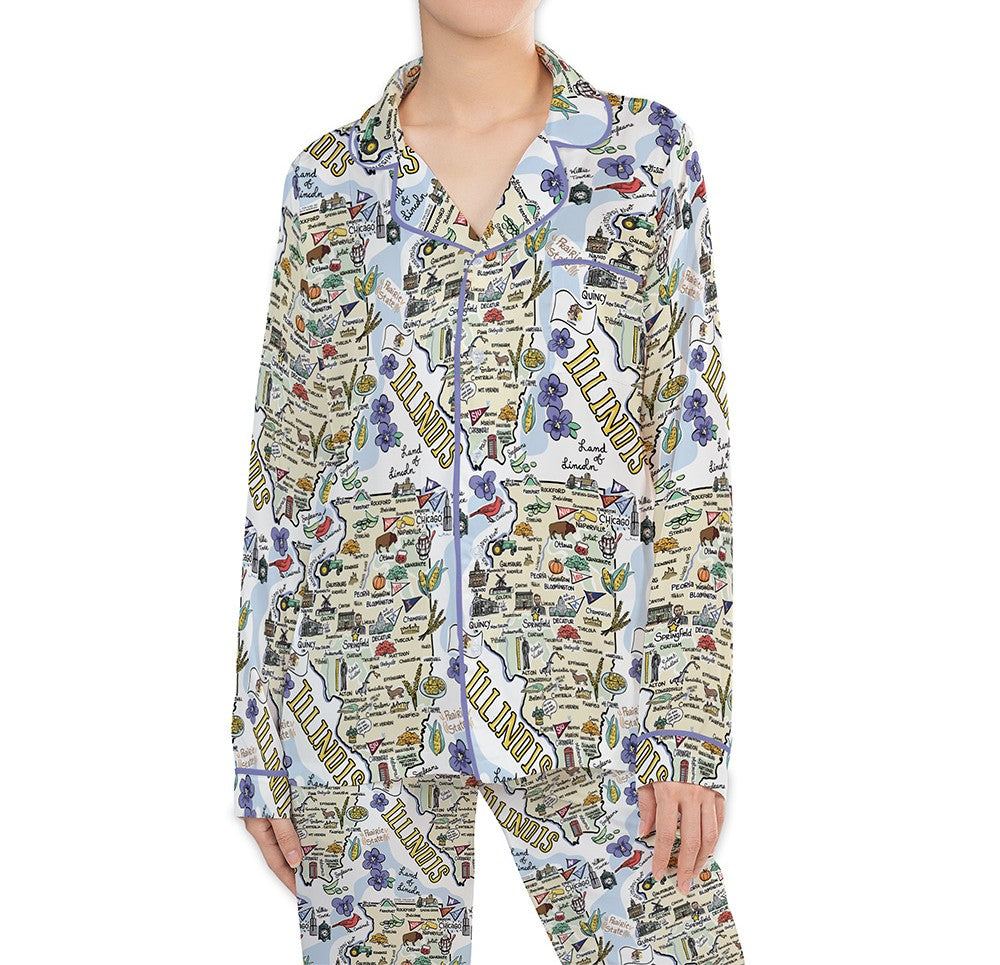 Illinois Map Long Sleeve Satin Pajamas