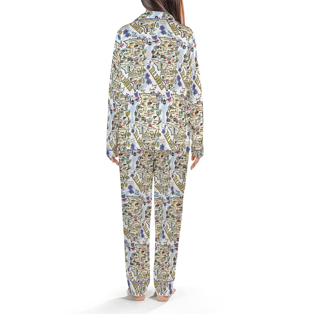 Illinois Map Long Sleeve Satin Pajamas