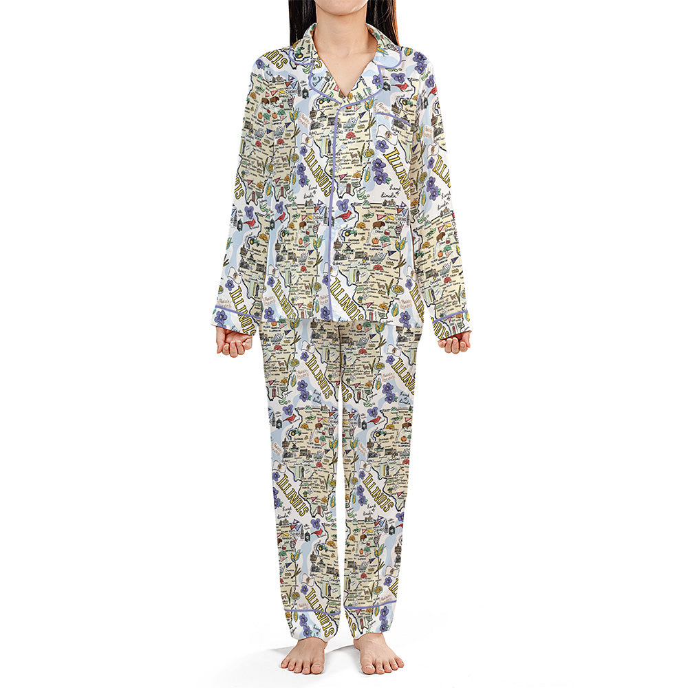 Illinois Map Long Sleeve Satin Pajamas