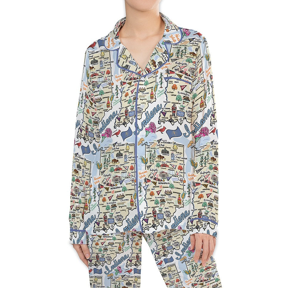 Indiana Map Long Sleeve Satin Pajamas