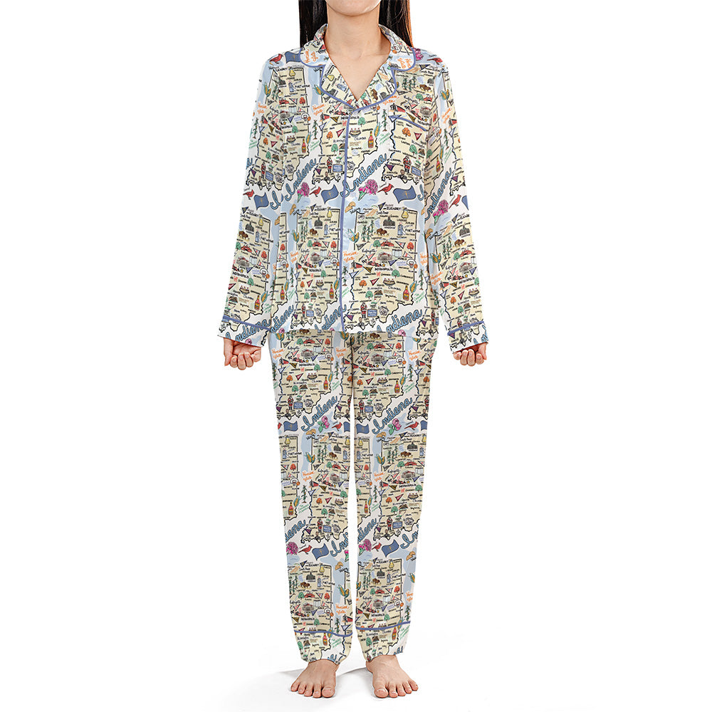 Indiana Map Long Sleeve Satin Pajamas