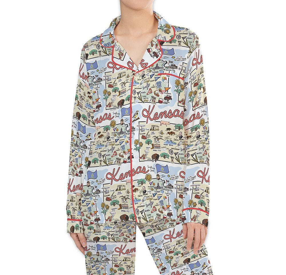 Kansas Map Long Sleeve Satin Pajamas
