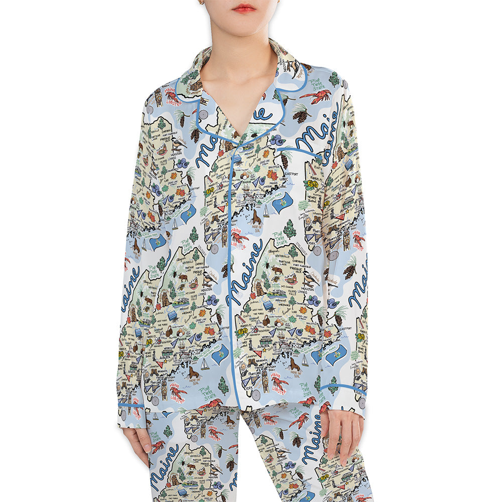 Maine Map Long Sleeve Satin Pajamas