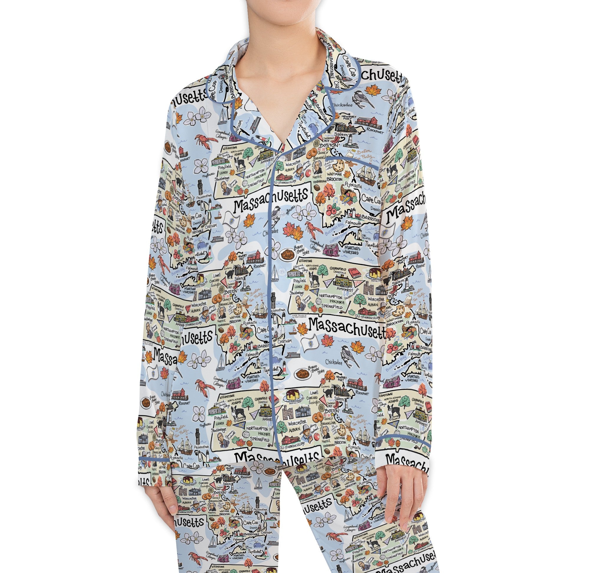 Massachusetts Map Long Sleeve Satin Pajamas