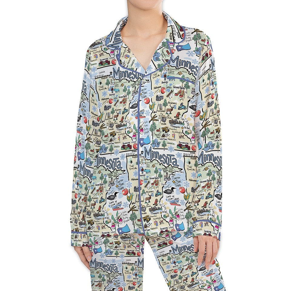 Minnesota Map Long Sleeve Satin Pajamas