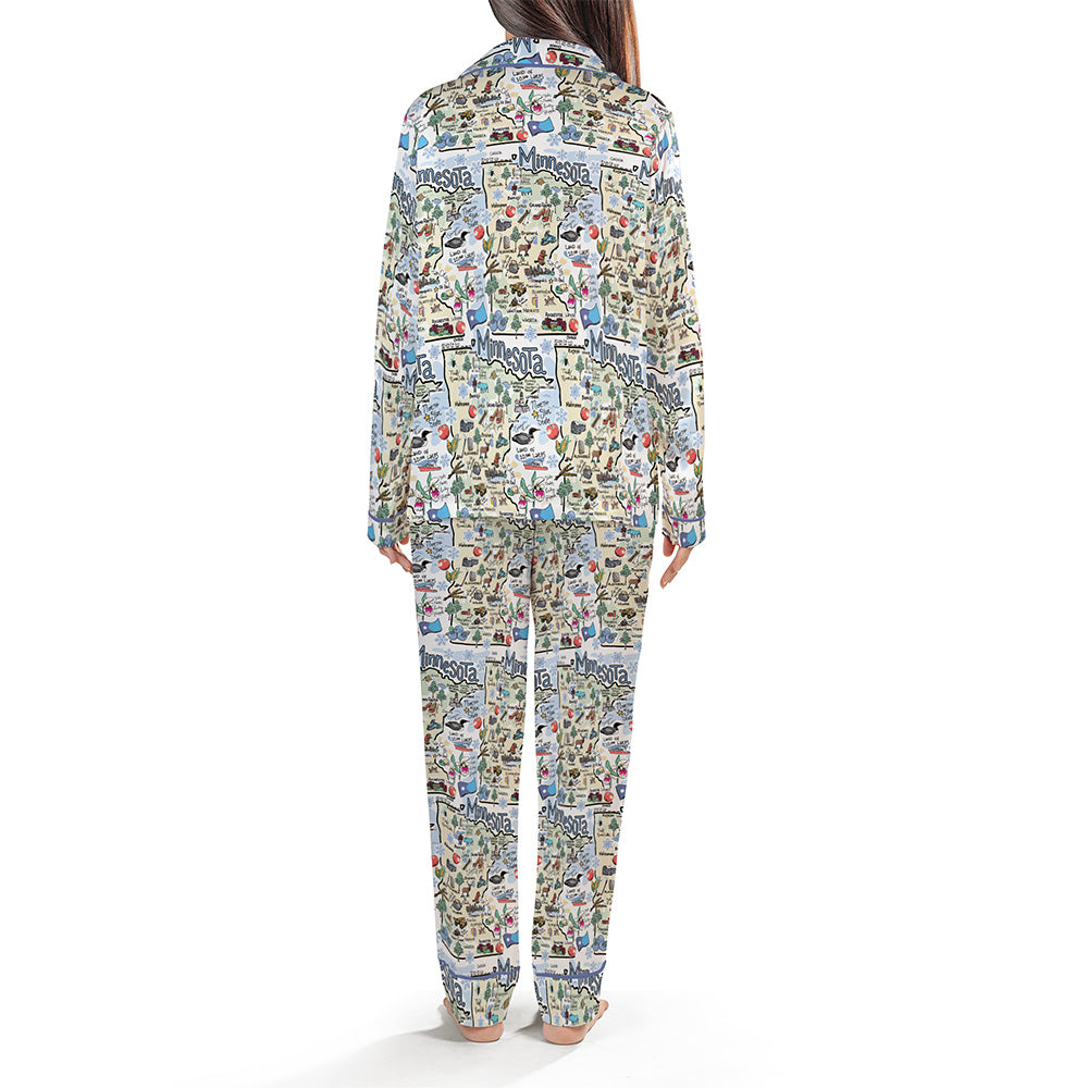 Minnesota Map Long Sleeve Satin Pajamas