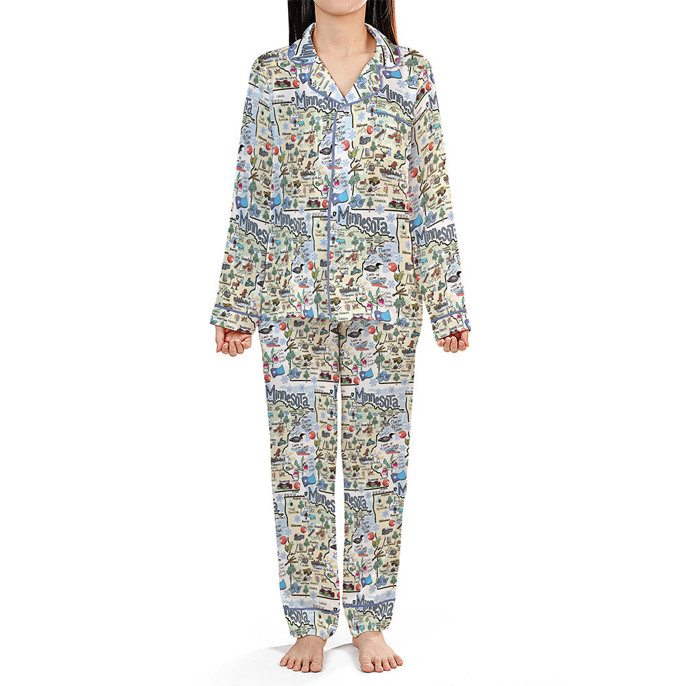 Minnesota Map Long Sleeve Satin Pajamas