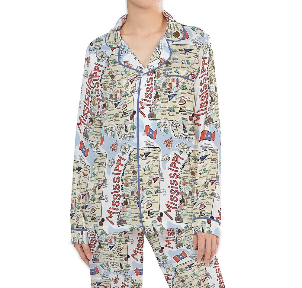 Mississippi Map Long Sleeve Satin Pajamas