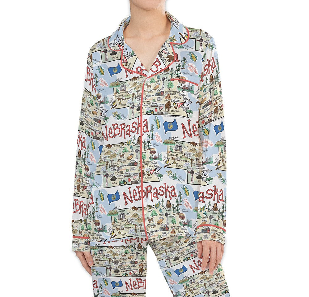 Nebraska Map Long Sleeve Satin Pajamas