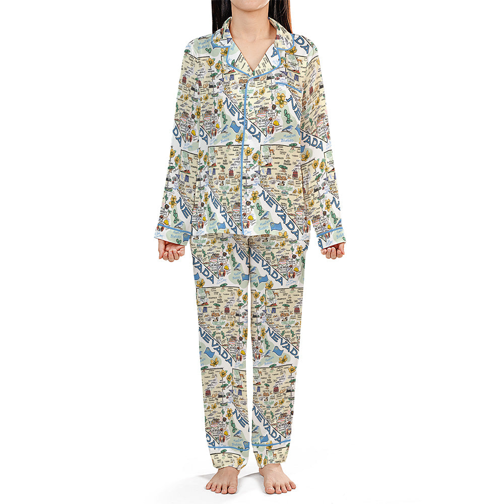 Nevada Map Long Sleeve Satin Pajamas