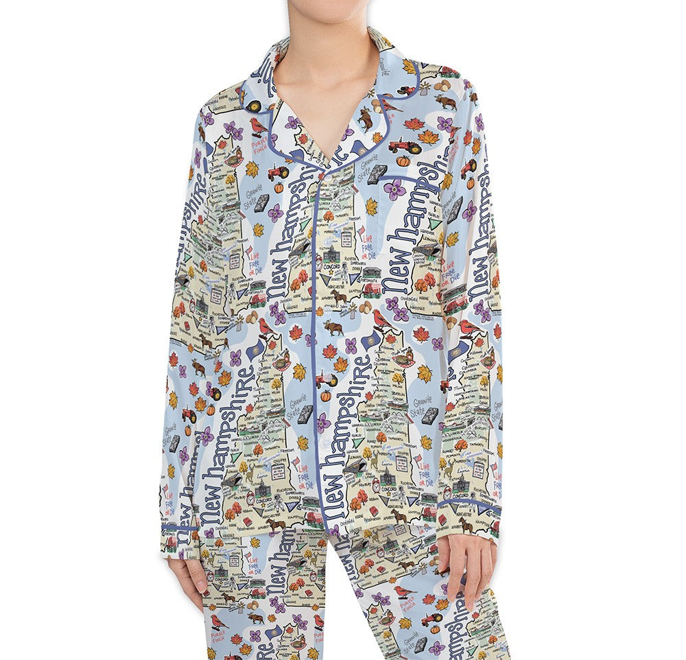 New Hampshire Map Long Sleeve Satin Pajamas
