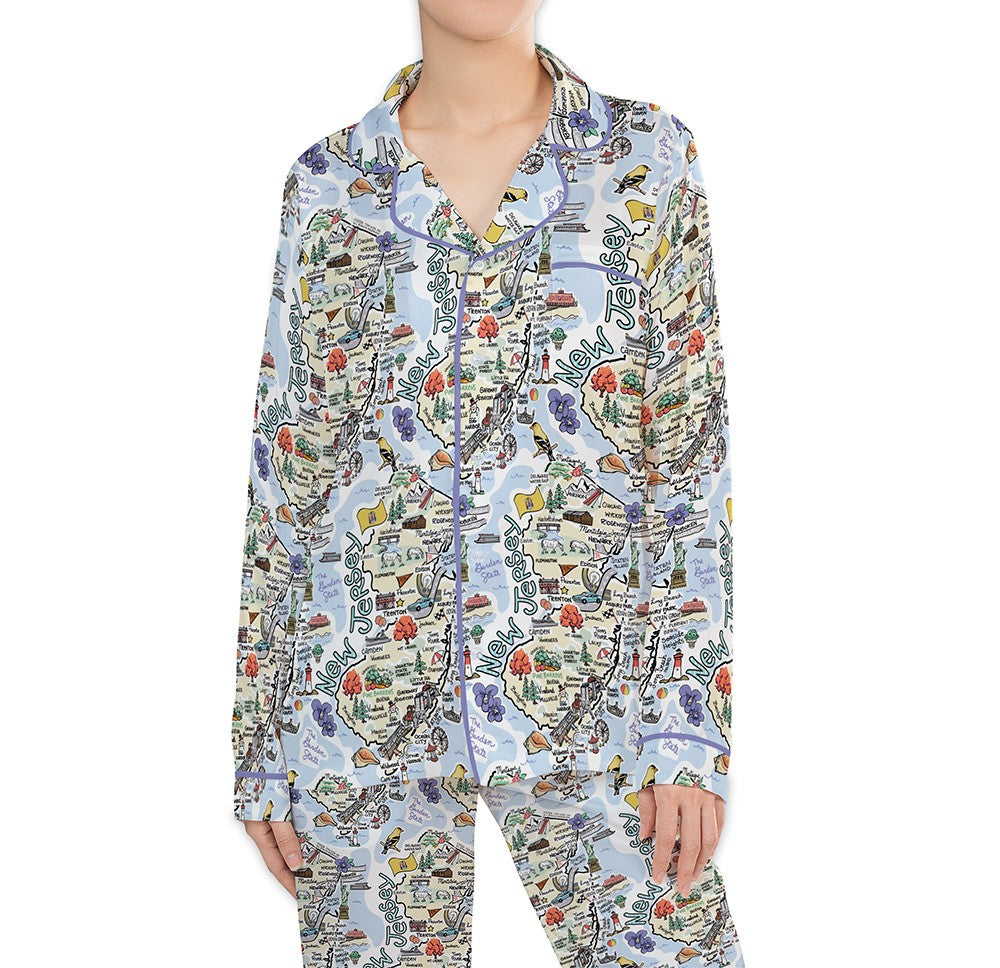 New Jersey Map Long Sleeve Satin Pajamas