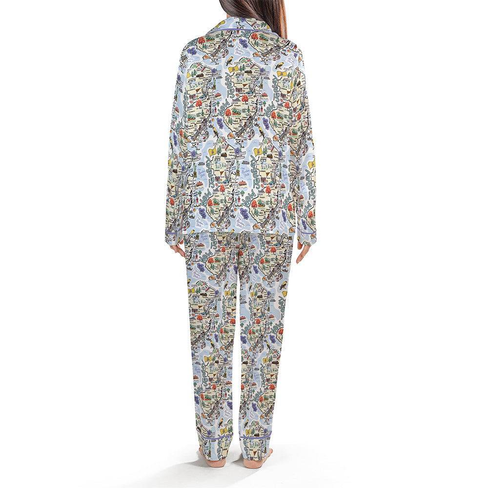 New Jersey Map Long Sleeve Satin Pajamas