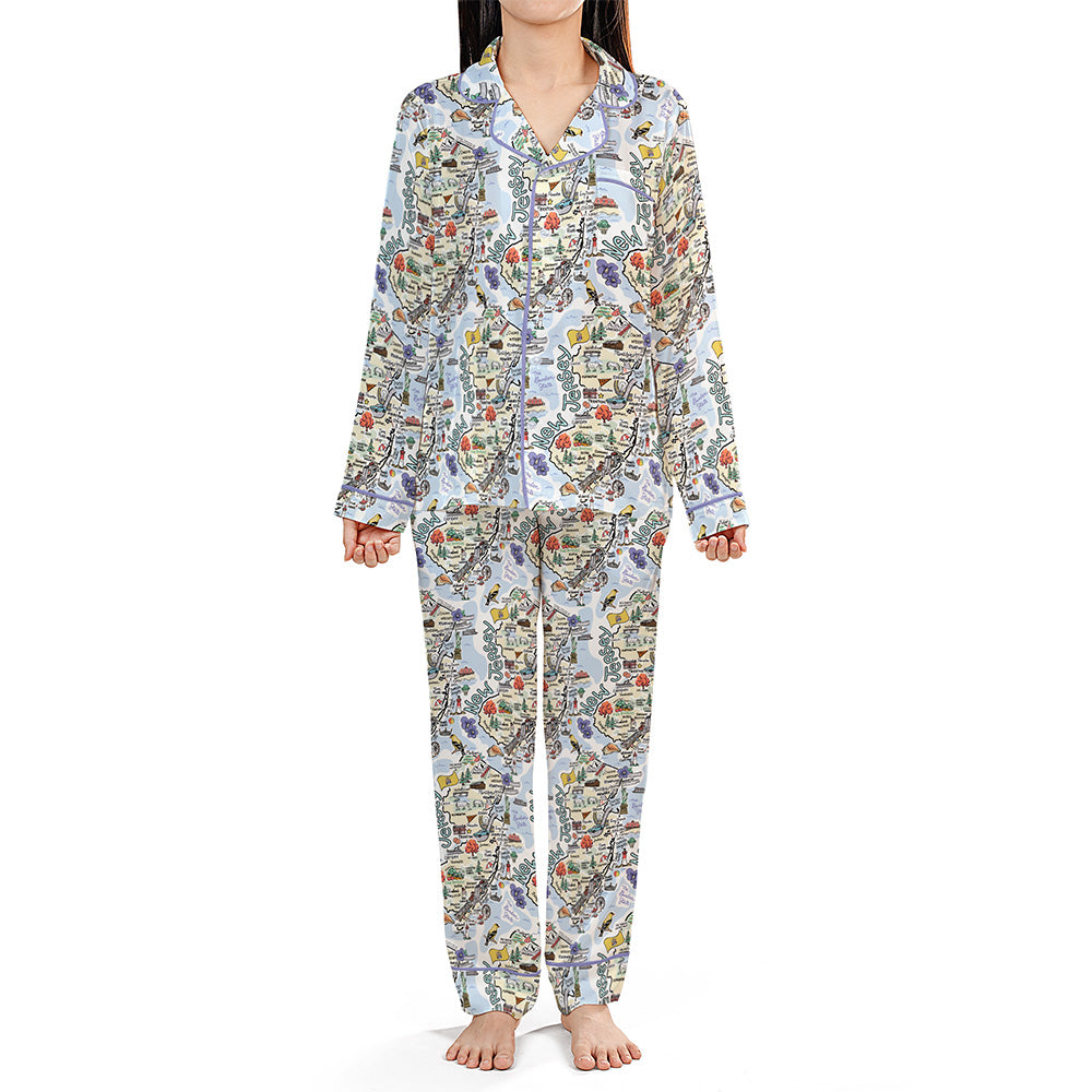 New Jersey Map Long Sleeve Satin Pajamas