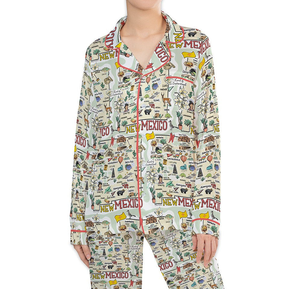 New Mexico Map Long Sleeve Satin Pajamas