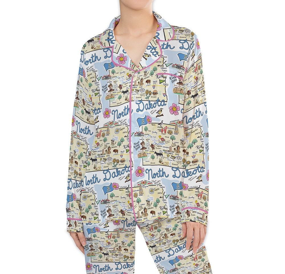 North Dakota Map Long Sleeve Satin Pajamas