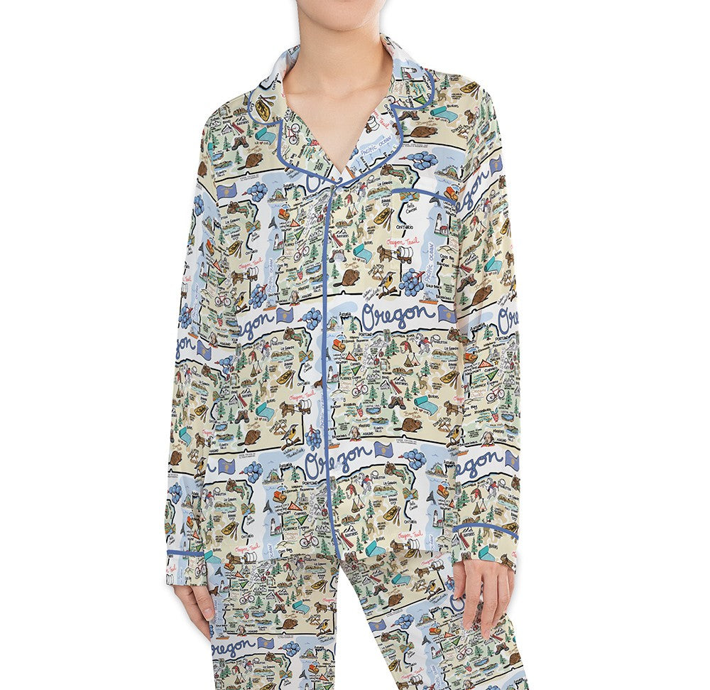 Oregon Map Long Sleeve Satin Pajamas