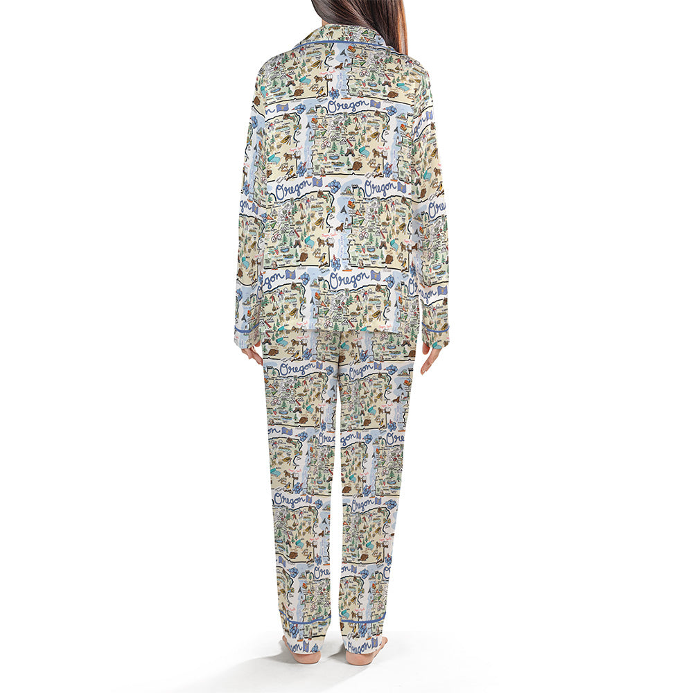 Oregon Map Long Sleeve Satin Pajamas