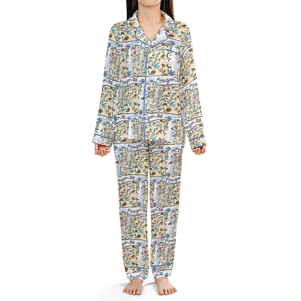 Oregon Map Long Sleeve Satin Pajamas