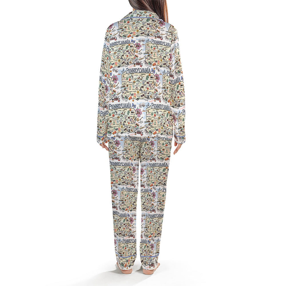 Pennsylvania Map Long Sleeve Satin Pajamas