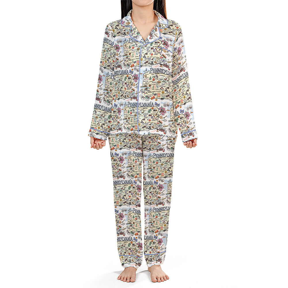 Pennsylvania Map Long Sleeve Satin Pajamas