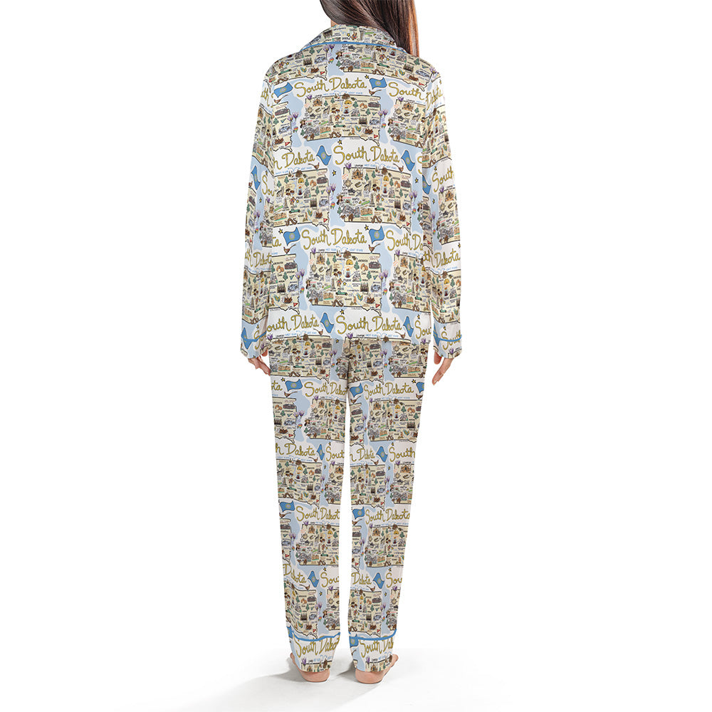 South Dakota Map Long Sleeve Satin Pajamas