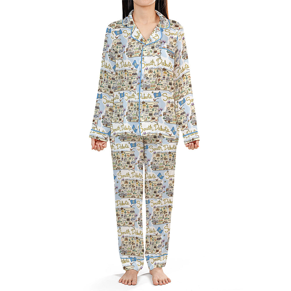 South Dakota Map Long Sleeve Satin Pajamas