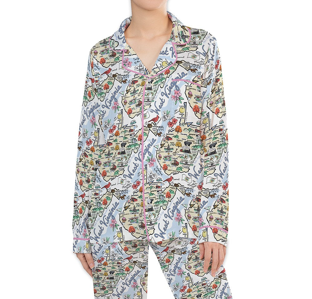 West Virginia Map Long Sleeve Satin Pajamas