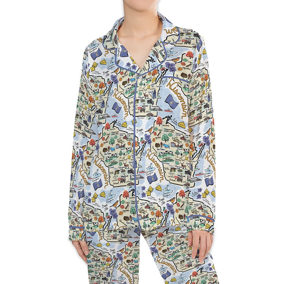 Wisconsin Map Long Sleeve Satin Pajamas