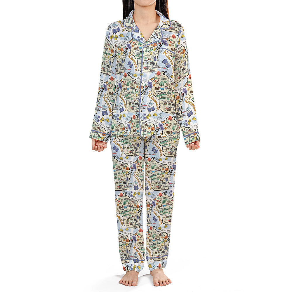 Wisconsin Map Long Sleeve Satin Pajamas