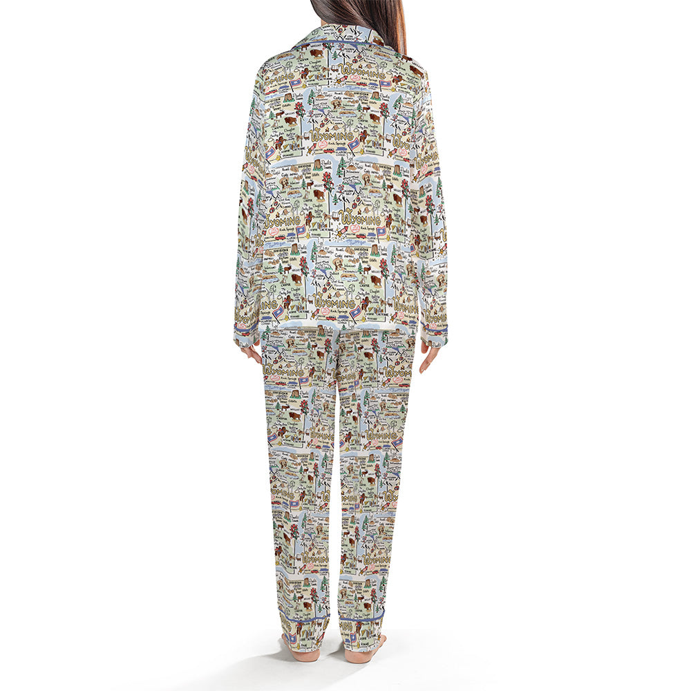 Wyoming Map Long Sleeve Satin Pajamas