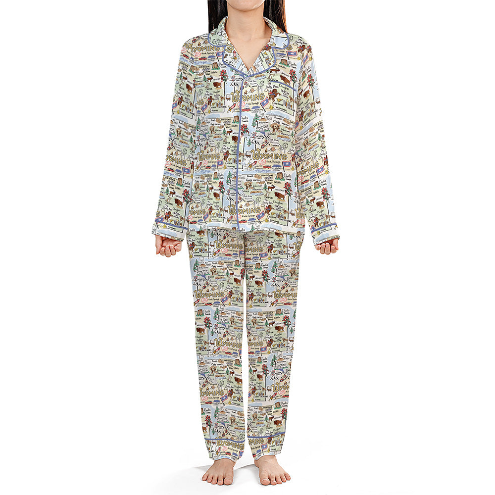 Wyoming Map Long Sleeve Satin Pajamas
