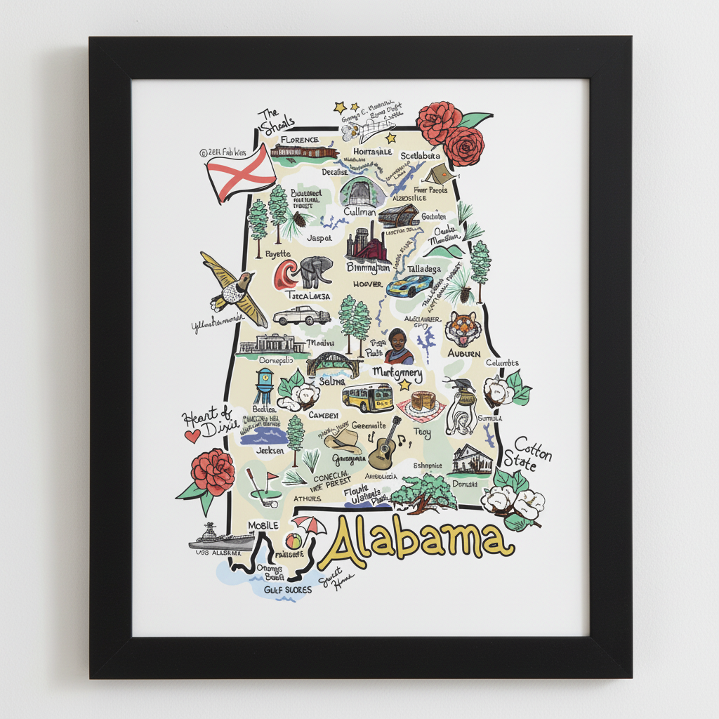 Alabama State Map Print - Thick Black Frame Lifestyle