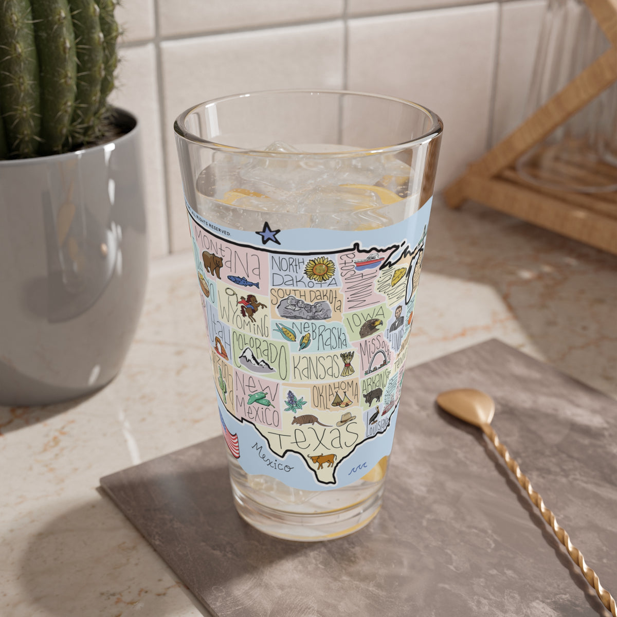 America Map 16oz Glass