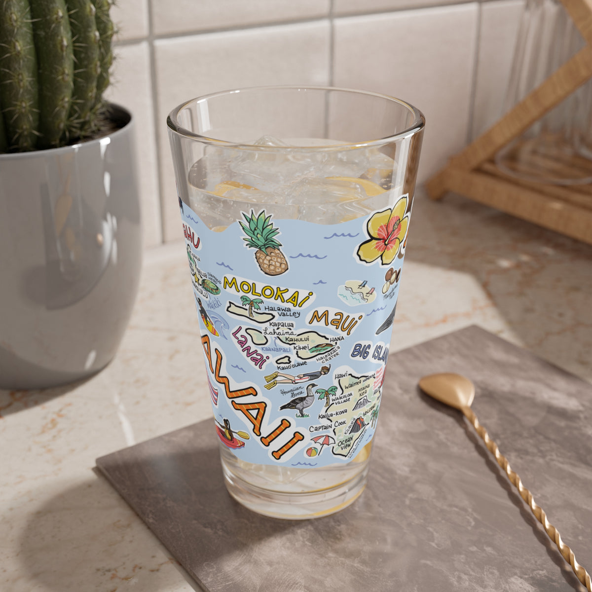 Hawaii Map 16oz Glass