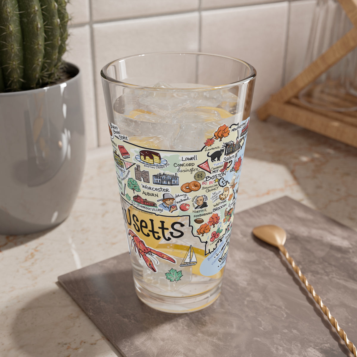 Massachusetts Map 16oz Glass